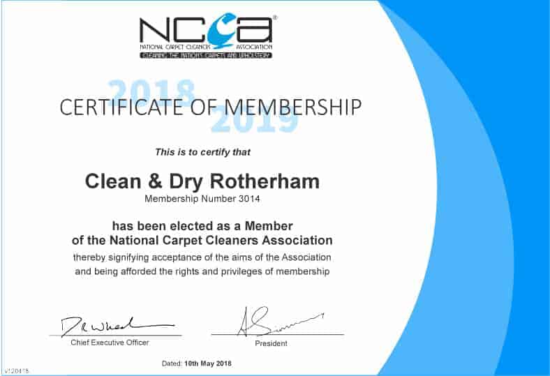 Carpet CLeaner Rotherham Clean & Dry NCCA Member Certificate
